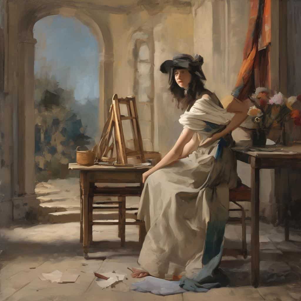 Ζωγραφική με καλλιτέχνιδα σε αρχαίο εργαστήριο, δημιουργικότητα και τέχνη.