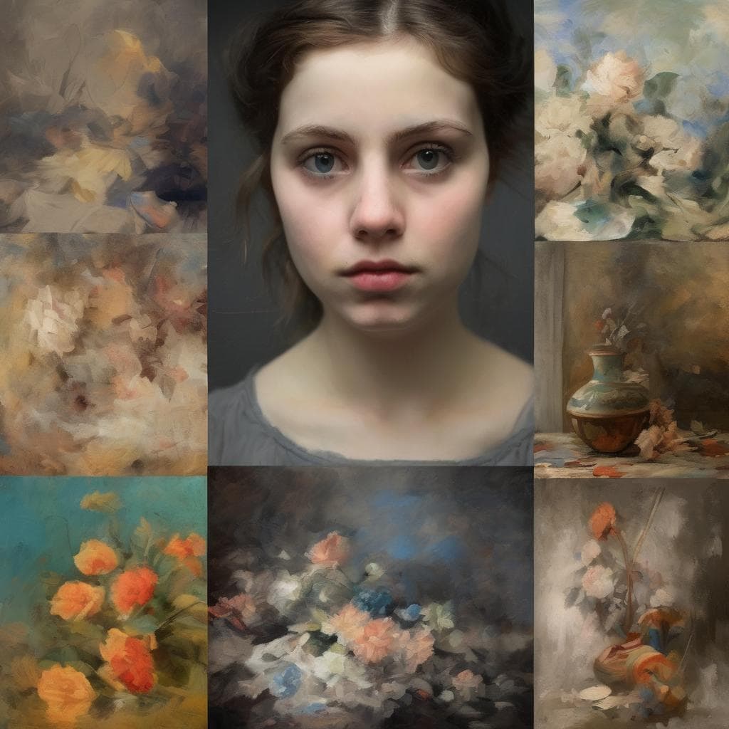 Φωτογραφία νεαρής γυναίκας με ρεαλιστικό πορτρέτο και ακουαρέλες με ανθογραφίες και ζωγραφικά έργα.