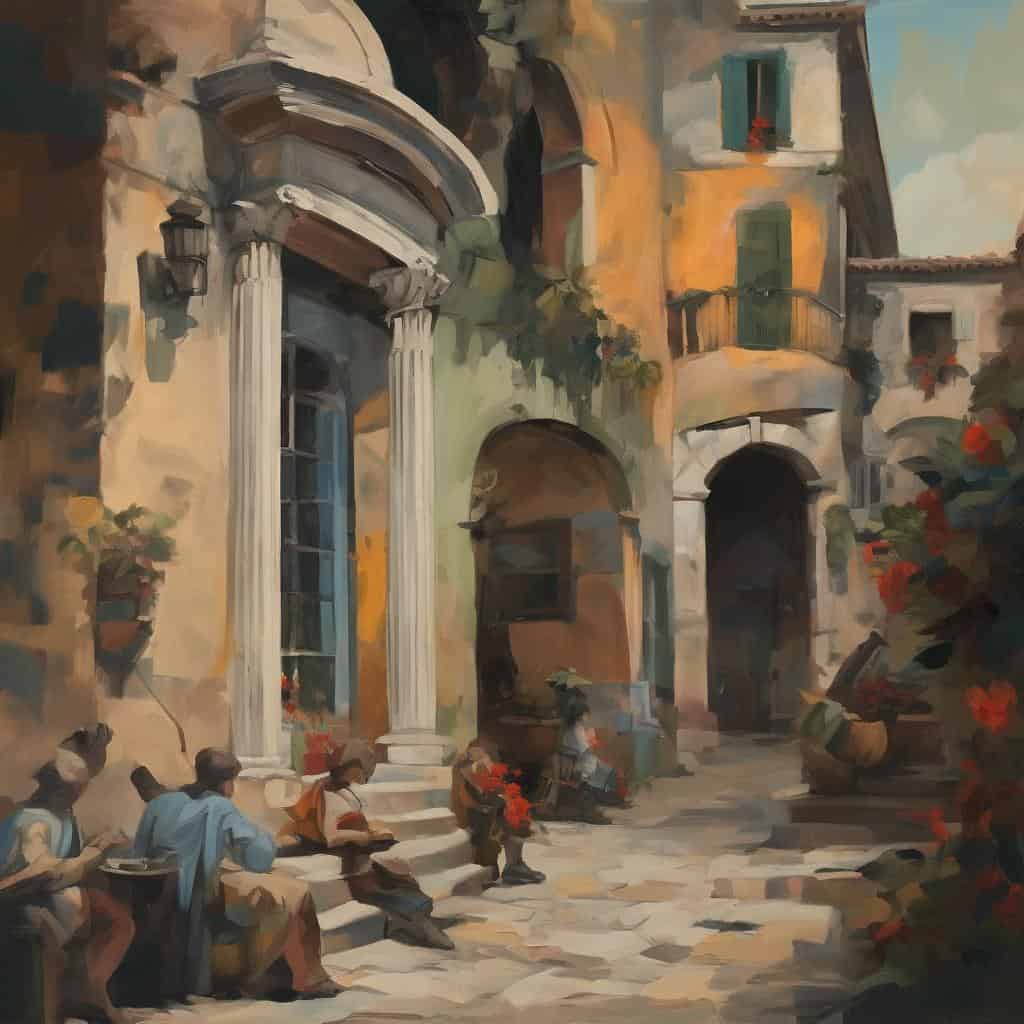 Αρχιτεκτονική τέχνη σε παλιά Ευρωπαϊκή πόλη με πεζούς και λουλούδια.