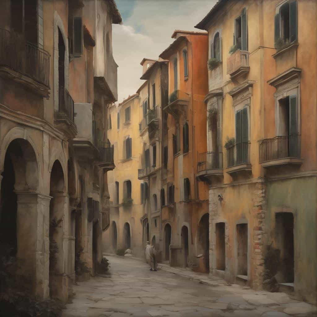 Παλιό κτήριο σε δρομική σκηνή με καλλιτεχνική πινελιά και ζεστά χρώματα, εμπνευσμένο από την τέχνη και τους δημιουργούς.